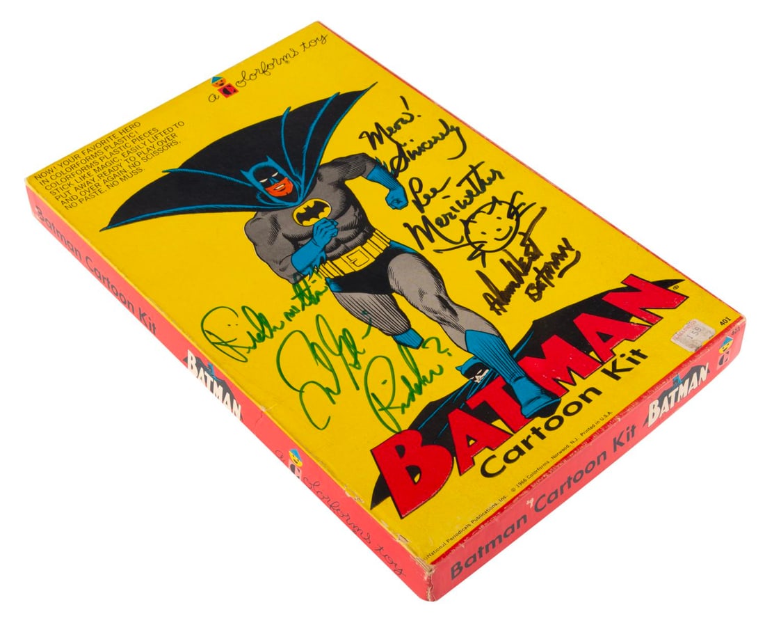 A Signed Batman Colorforms Kit.: (Colorforms, 1966) A Batman Cartoon Kit Colorforms set, signed by Adam West (Batman), Frank Gorshin (The Riddler), and Lee Meriwether (Catwoman). The set is near complete, missing only one blue gun