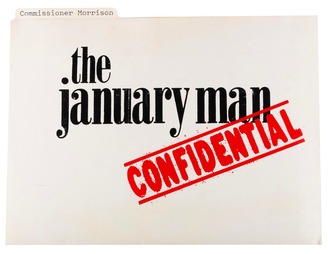A "The January Man" Press Kit.: (Motion Picture Advertising, 1989) A mock-up oversized press kit for the film "The January Man" starring Kevin Kline. Included inside is developmental copy for the production information and