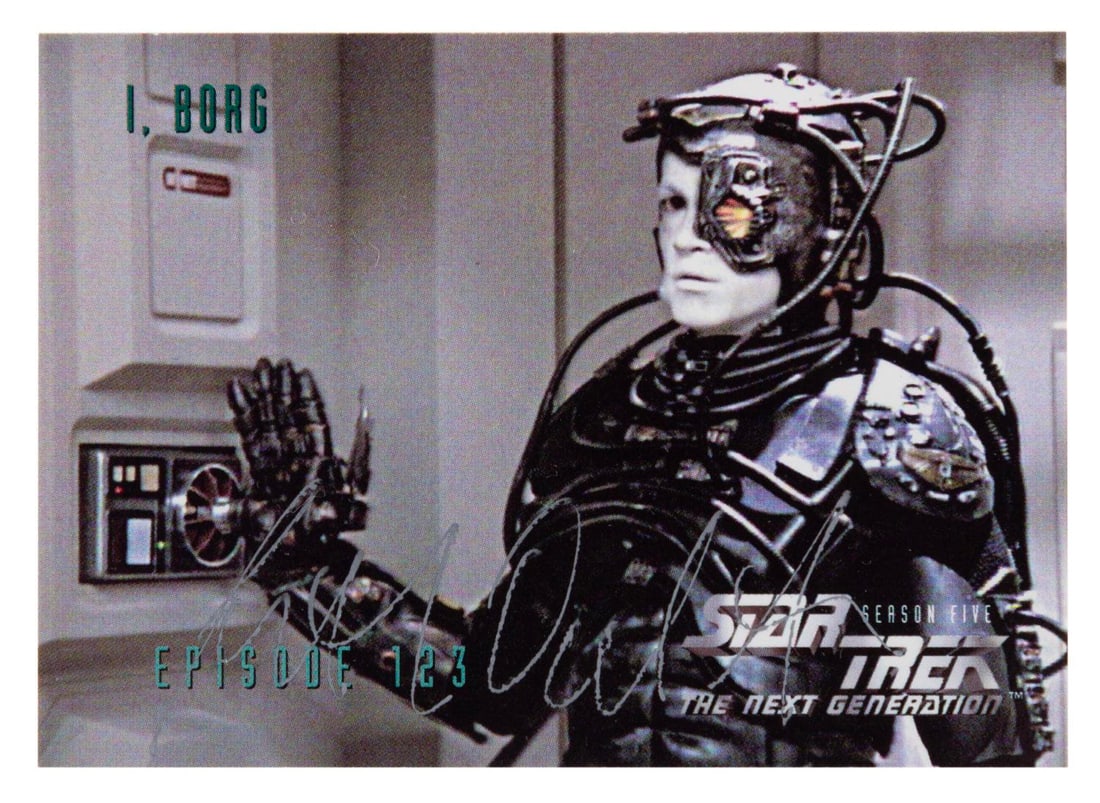 A "Star Trek: The Next Generation" Borg Hugh Signed Trading Card.: (Paramount, 1992) A trading card of Hugh the Borg from the fifth season of "The Next Generation" episode "I, Borg," signed by actor Johnathan Del Arco. The autographed card is in very good condition.