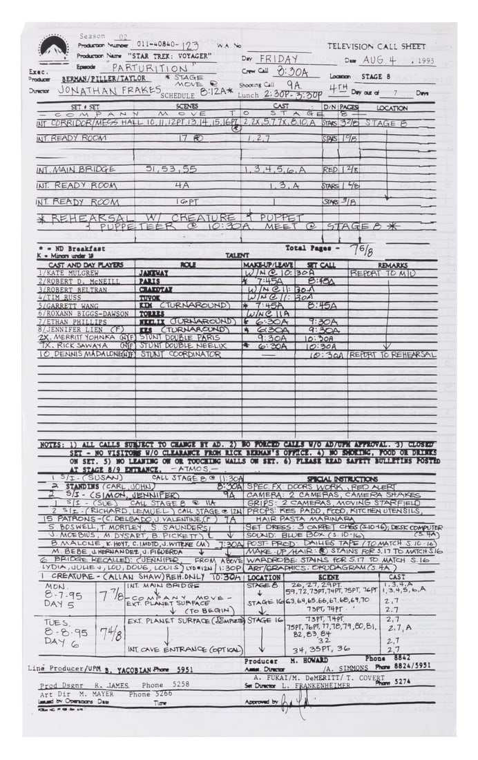 A "Star Trek: Voyager" Television Call Sheet.: (Paramount, 1995) A call sheet for the "Star Trek: Voyager" episode "Parturition" from the second season. Call sheets are an important part of film and television production, giving an overview of eve