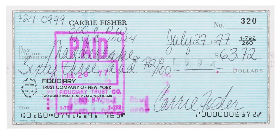A Carrie Fisher Signed Check: (Fisher, 1977) A personal check boldly signed by actress Carrie Fisher. Dated July 27, 1977, the check is from just after the first "Star Wars" film opened and introduced the world to Princess Leia. M