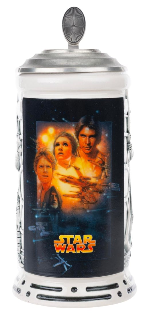 A "Star Wars" 30th Anniversary Special Edition Stein.: (CUI, 1998) A 3D relief "Star Wars" stein celebrating the 30th anniversary re-release of the film, featuring art by Drew Struzan. Measuring 8" x tall and 4" in diameter, the stein is in very good cond