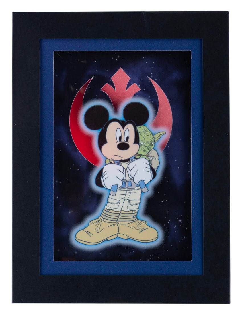 A Mickey Mouse as Luke Skywalker Laser Cel.: (Disney, 2000s) A limited edition Laser Cel of Mickey Mouse as Luke Skywalker, with Yoda. Measuring 6" x 8" overall, the piece is in fine condition sealed in the original sleeve.