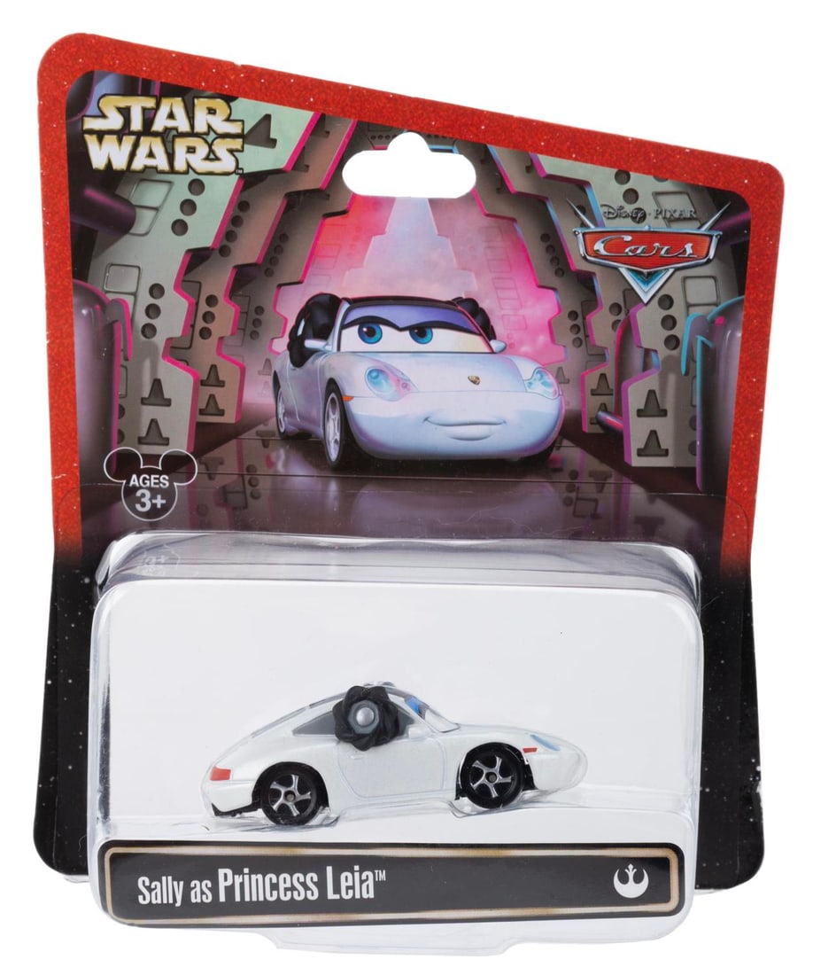 A Cars/Star Wars Sally as Princess Leia Diecast Car.: (Disney, 2013) A toy of Sally from "Cars" as Princess Leia. Measuring 2.75" long the toy is in fine condition sealed on the original very good card.