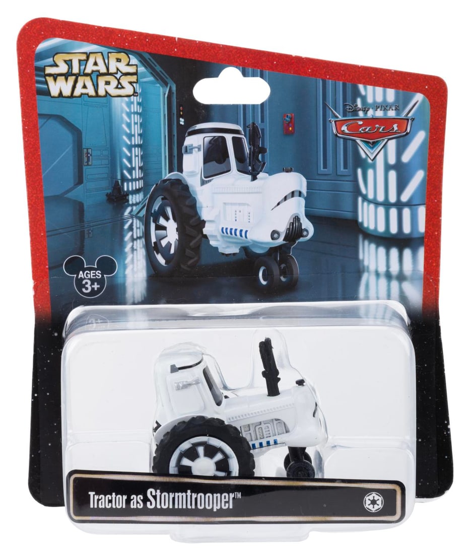 A Cars/Star Wars Tractor as a Stormtrooper Toy.: (Disney, 2013) A toy of a tractor from "Cars" as a Stormtrooper. Measuring 2.25" long the diecast toy is in fine condition sealed on the original very good card.