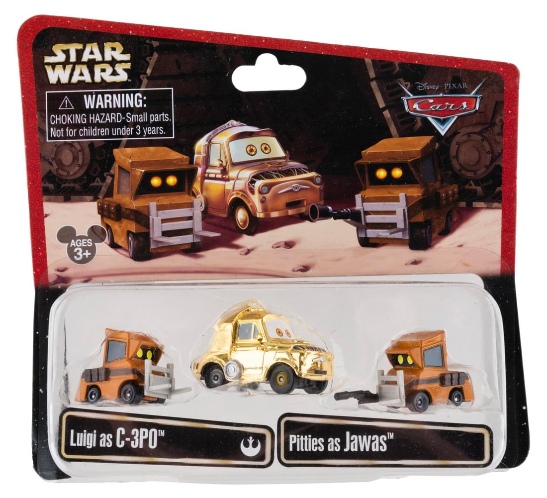 A Cars/Star Wars C-3PO & Jawas Die-Cast Vehicle Set.: (Disney, 2013) A toy of Luigi from "Cars" as C-3PO, with two "Pitties" (pit crew vehicles) as Jawas. Measuring up to 1.75" long, the toys are in fine condition, still sealed on the very good condition