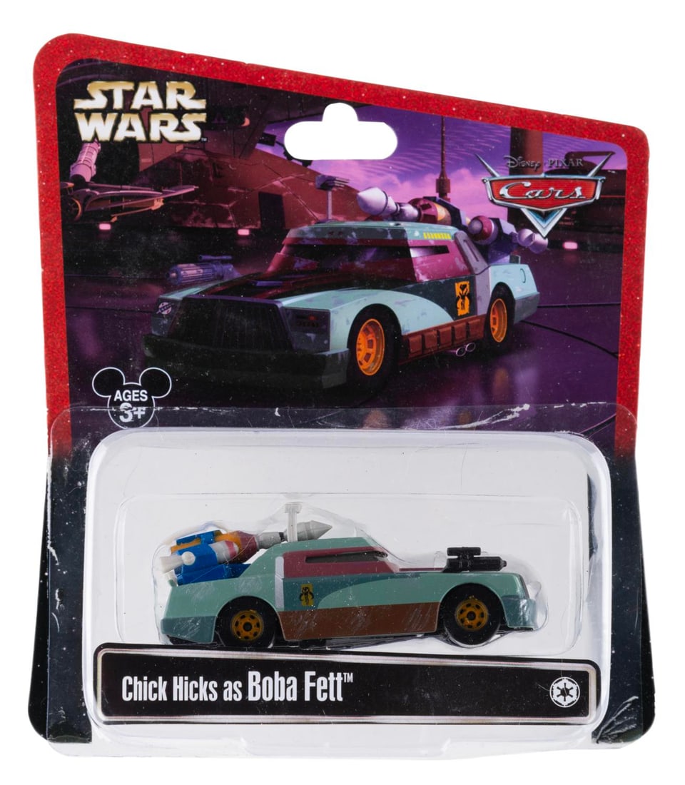 A Cars/Star Wars Chick Hicks as Boba Fett Toy.: (Disney, 2013) A toy of Chick Hicks from "Cars" as bounty hunter Boba Fett. Measuring 3.25" long the toy is in fine condition, though the bubble has come loose from the card.