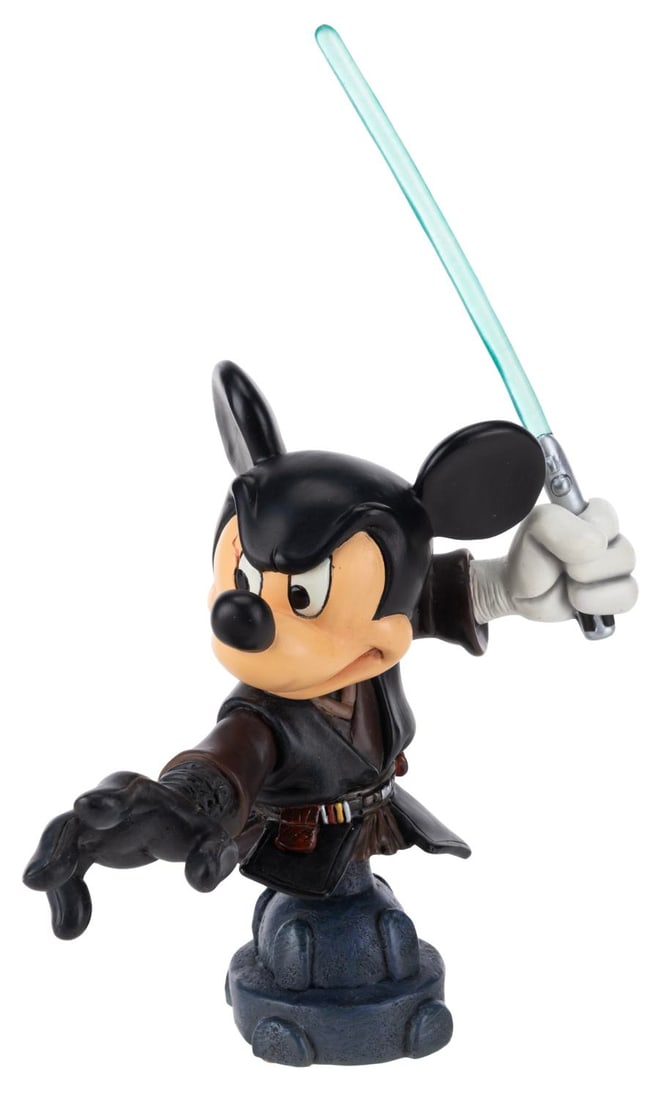 A Mickey Mouse as Anakin Skywalker Figurine.: (Enesco, 2013) A Disney Showcase Collection figurine of Mickey Mouse as Anakin Skywalker, designed by Patrick Romandy-Simmons of Grand Jester Studios. Numbered 0443/3000 and measuring 6" x 8.5" x 9.5"