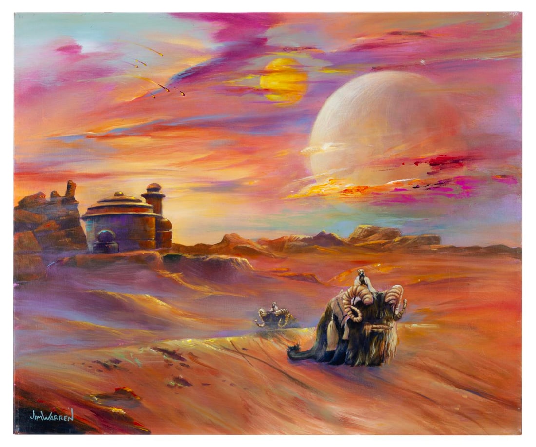 A Star Wars Tatooine Landscape Painting by Jim Warren.: (Disney, 2014) An original painting of Tusken Raiders and Jabba the Hutt's Palace titled "Star Wars Landscape," by Jim Warren and signed on the reverse. Measuring 20" x 24", the hand-painted art is in