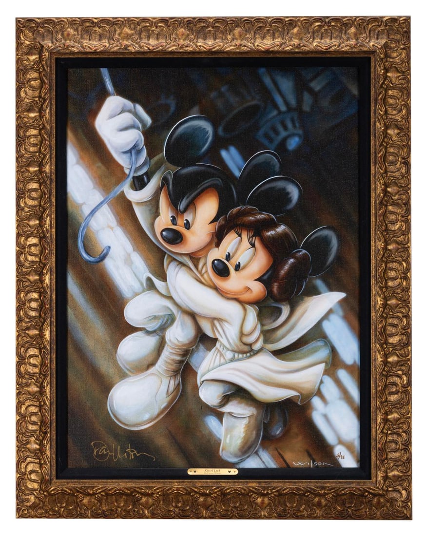 A Star Wars "Kiss of Luck" Canvas Print by Darren Wilson.: (Disney, 2000s) A framed limited edition canvas print titled "Kiss of Luck" by Disney artist Darren Wilson. The art depicts Mickey Mouse as Luke Skywalker and Minnie as Princess Leia, recreating a sce