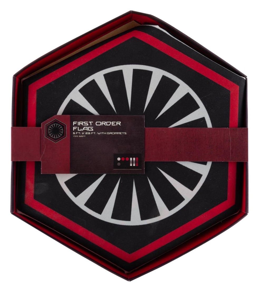 A Disney Parks Star Wars First Order Flag.: (Disney Parks, 2019-2020s) A flag of the First Order from "Star Wars" Episodes 7-9, originally sold in Galaxy's Edge. Measuring 2.5 feet by 5 feet, the flag is in very good condition with light wear f