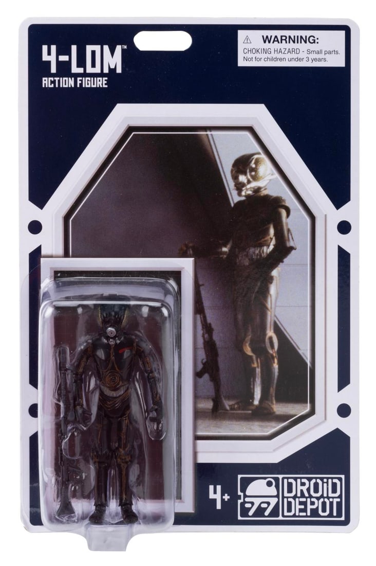 A Rare Star Wars Droid Depot 4-LOM Action Figure.: (Walt Disney World, 2020) A black 4-LOM Star Wars action figure, released at Walt Disney World's Galaxy's Edge in November of 2020. The figure is in fine condition sealed on the very good condition ca