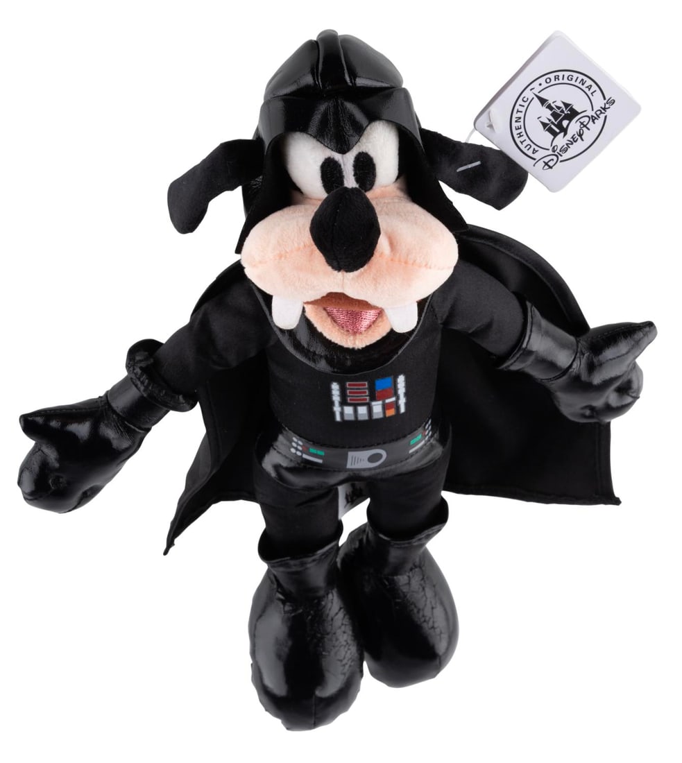 A Goofy Darth Vader Plush.: (Disney Parks, 2000s) A plush of Goofy dressed as Darth Vader from Star Wars, originally sold in the Disney Parks. Measuring 14" tall, Darth Goofy is in very good condition with heavy creasing on the 