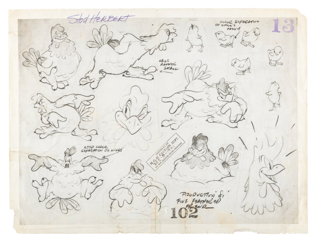 A Signed "Fine Feathered Friend" MGM Cartoon Model Sheet.: (MGM, 1942) A photostat model sheet for the chickens in the Tom and Jerry cartoon "Fine Feathered Friend" signed by animator Stod Herbert. Model sheets like this were distributed to animators to ensur