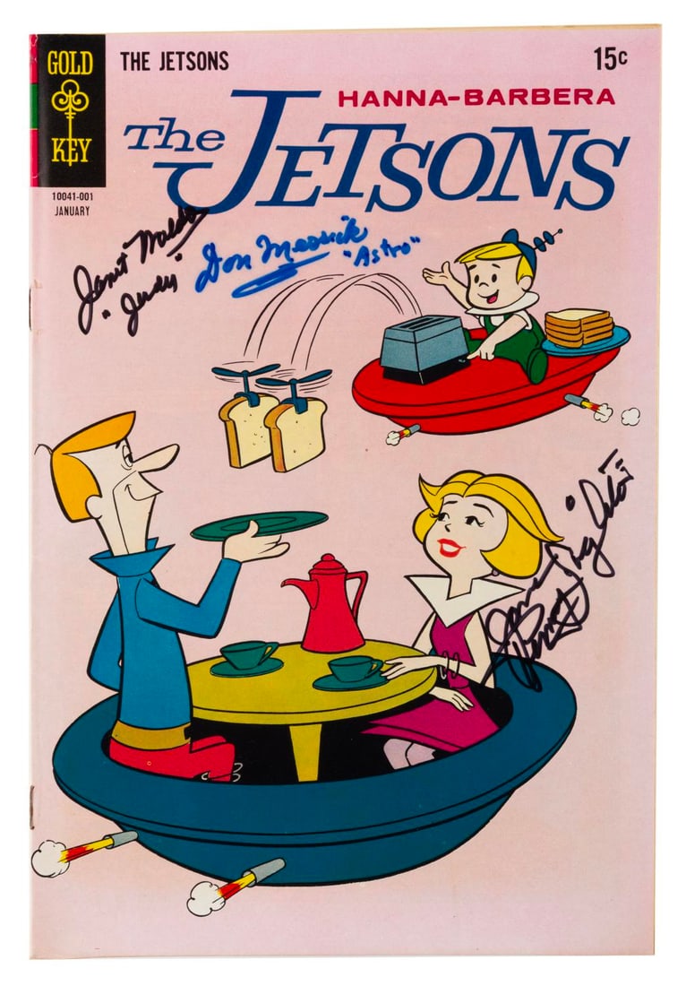 A Multi-Signed "The Jetsons" Comic Book.: (Gold Key, 1963) Issue 33 of "The Jetsons" comic book, signed by three members of the cast. Autographs include Don Messick (Astro), Janet Waldo (Judy), and Penny Singleton (Jane). Measuring 7" x 10.25