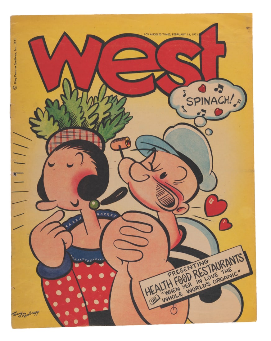 A 1971 Los Angeles Times Insert with Popeye Cover.: (LA Times, 1971) A February 14, 1971, Los Angeles Times West magazine, with a cover of Popeye and Olive Oyl. Popeye's love of spinach was tapped for a story on health food restaurants. Measuring