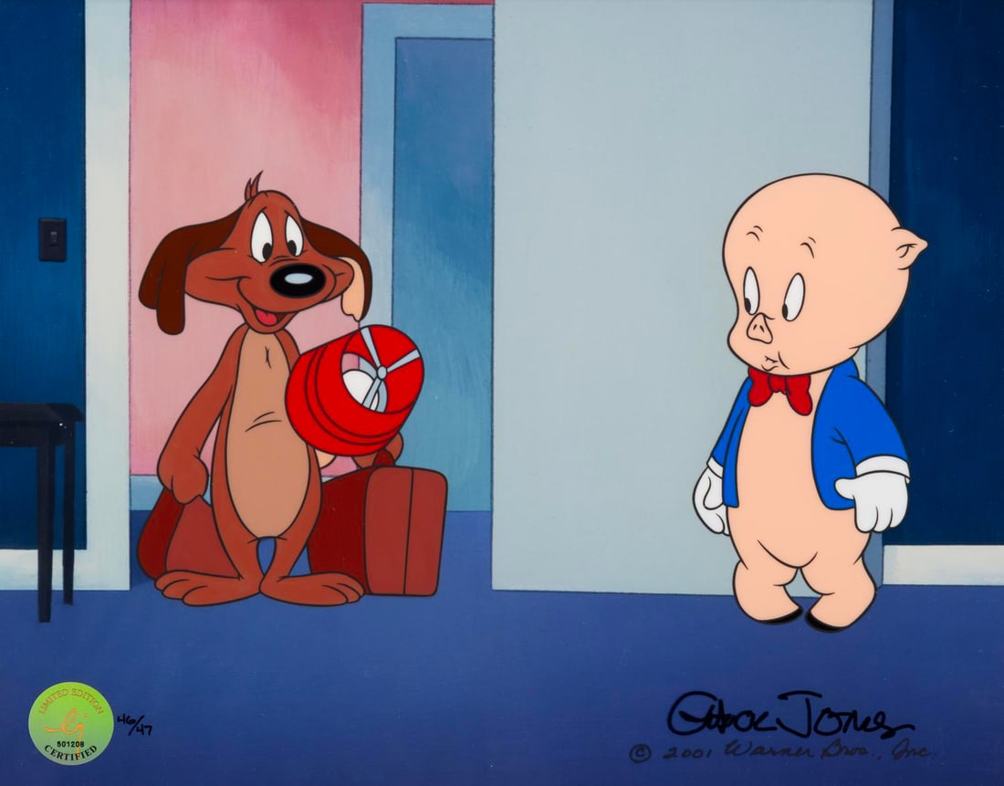 A Chuck Jones Signed Hand-Painted Limited Edition Cel.: (Jones, 2002) A hand-painted limited edition cel titled "Little Orphan Airedale." The cel is hand-signed by Chuck Jones and was released in 2002 in an edition of only 47 pieces. This piece is