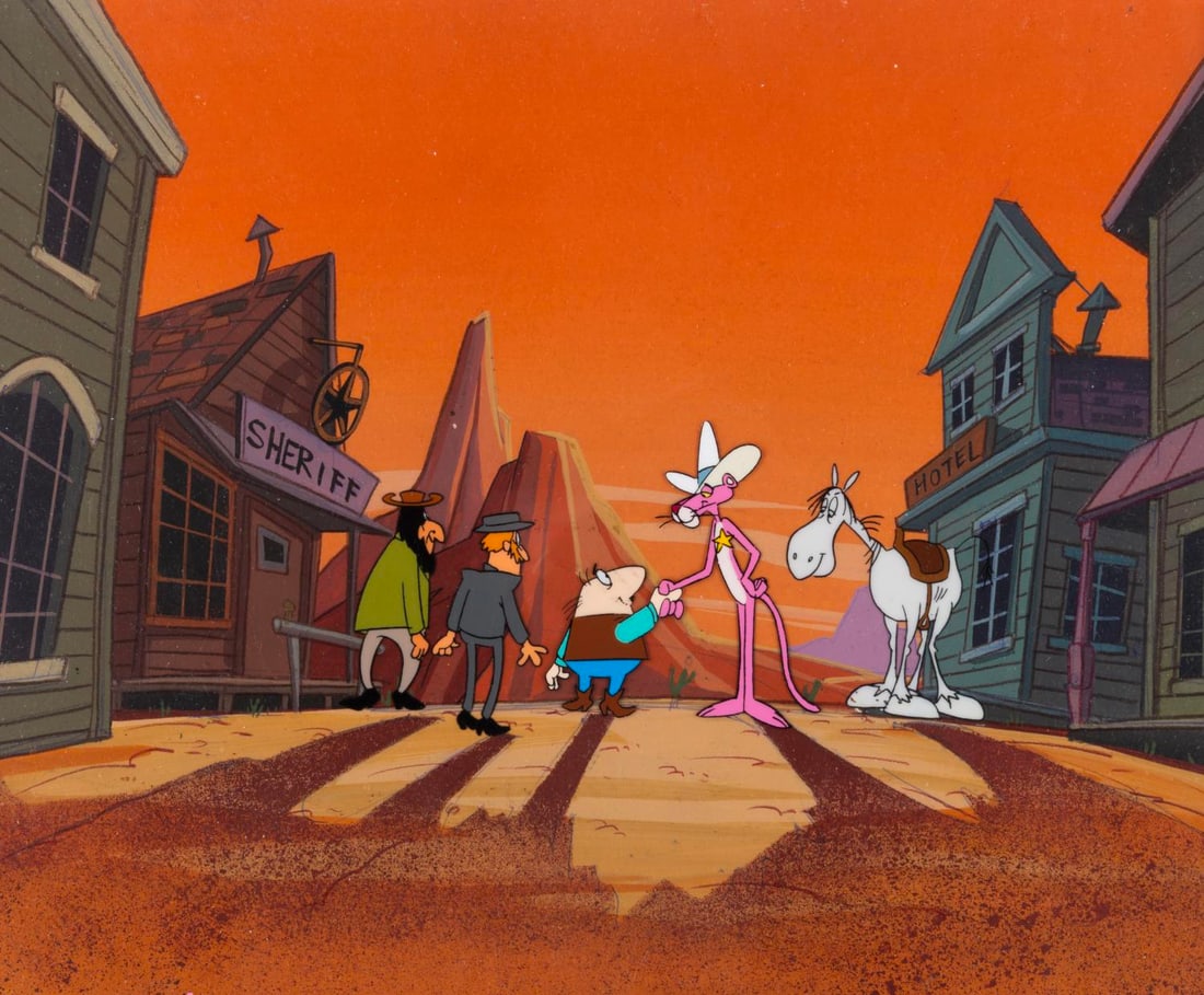 "The New Pink Panther Show" Original Production Cels and Background.: (DePatie-Freleng, 1993) A matching set of original production cels and production background from "The New Pink Panther Show." The untrimmed cels and background measure 12.5" x 10.5" and are in very