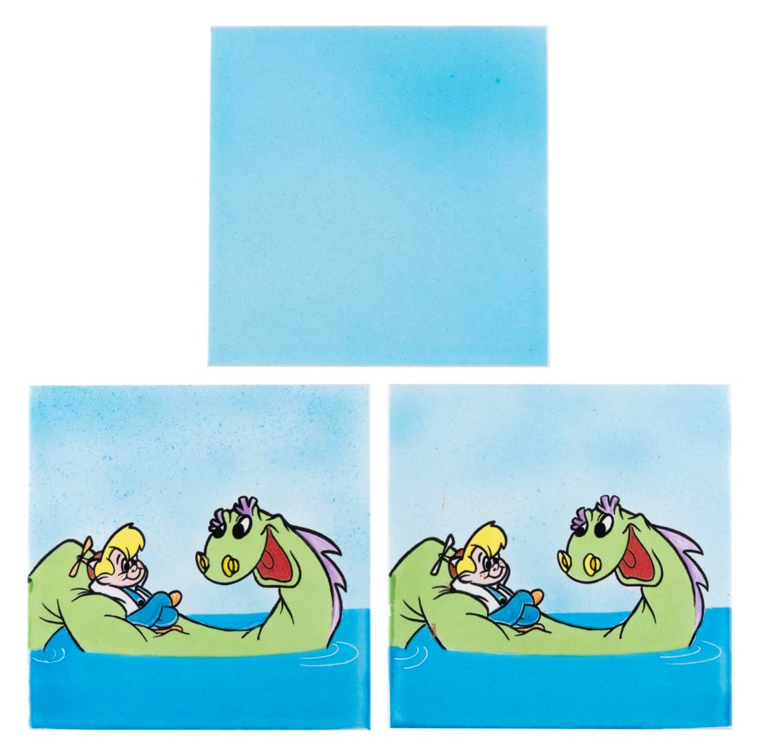 A Pair of Beany and Cecil Production Sample Tiles.: (Clampett, 1990s) A pair of decorative tiles of Beany and Cecil. These were samples made for a potential merchandise item. Also includes in one matching plain blue tile. Measuring 6" x 6", the tiles a