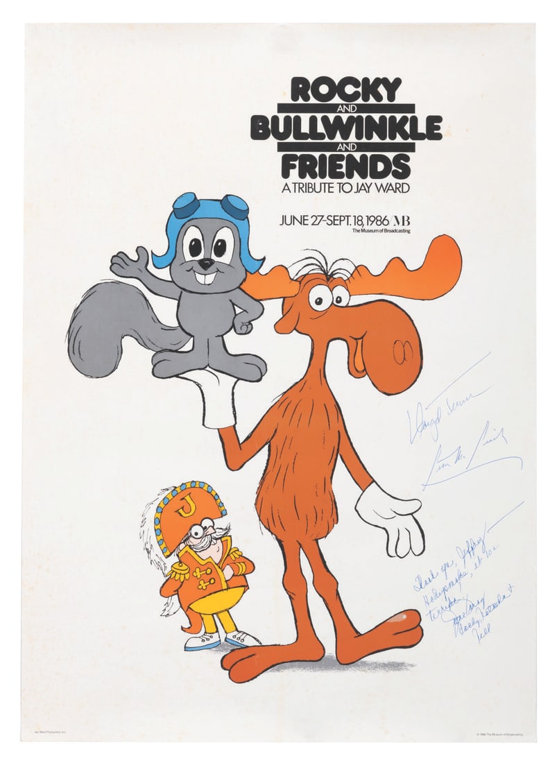 A Multi-Signed Rocky and Bullwinkle Exhibition Poster.: (The Museum of Broadcasting, 1986) A multi-signed poster from Rocky and Bullwinkle and Friends: A Tribute to Jay Ward, an exhibition held at The Museum of Broadcasting from June 27 to September 18,