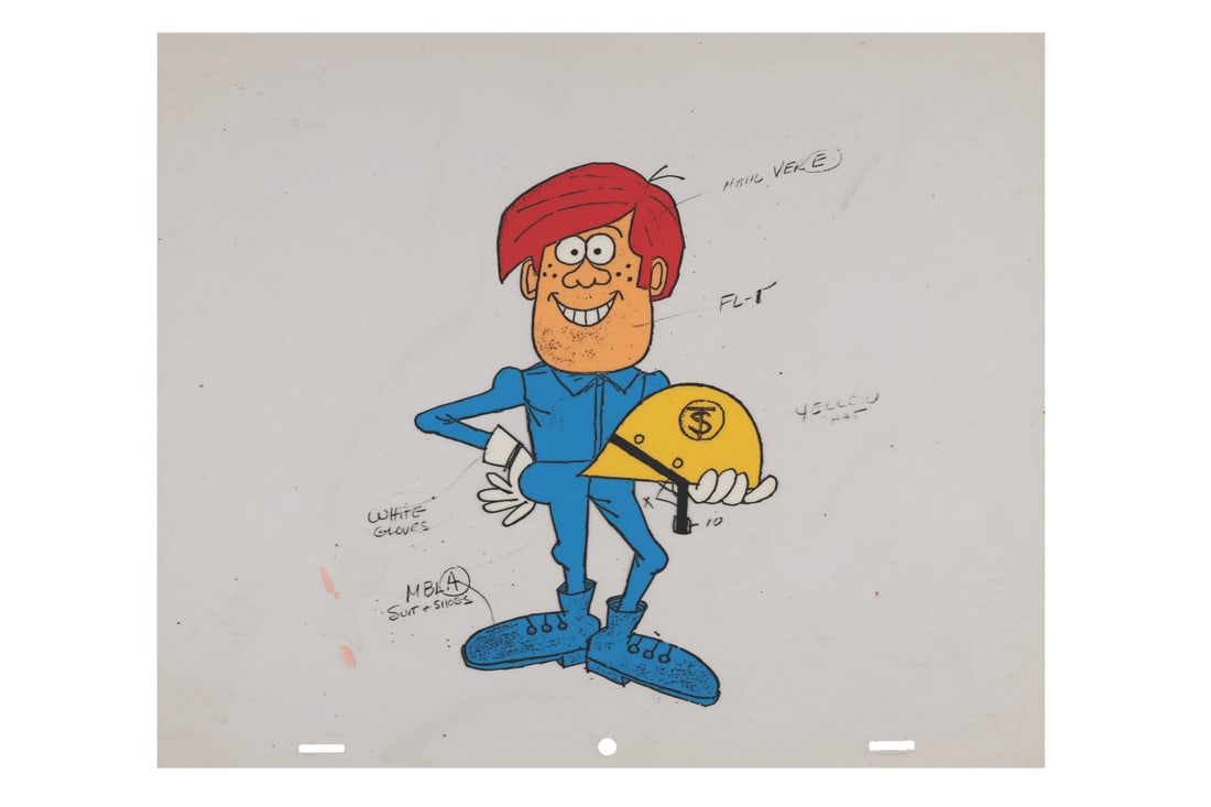 A Tom Slick Color Key Cel.: (Ward, 1990s) A color key cel of Tom Slick, star of the Jay Ward production of the same name. This art was used on lawn decorations sold at the Jay Ward Emporium in West Hollywood. With an image size