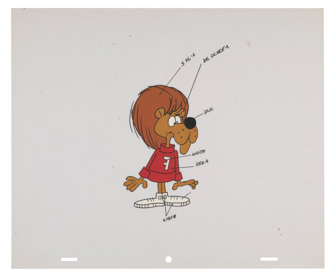 A Fred Lion Color Key Cel.: (Ward, 1990s) A color key cel of Fred Lion from "Super Chicken." With a character image size of 3" x 5" on a 10.5" x 12.5" cel, the art is in very good condition with scratches, spots of paint loss,