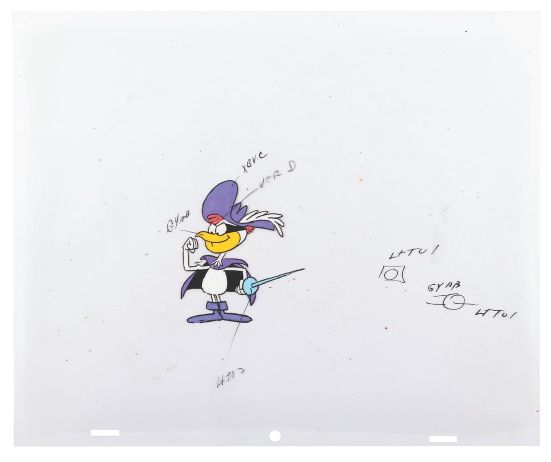 A Super Chicken Color Key Cel.: (Ward, 1990s) A color key cel of Super Chicken, star of the Jay Ward production of the same name. With a character image size of 3" x 3.5" on a 10.5" x 12.5" cel, the art is in good condition with