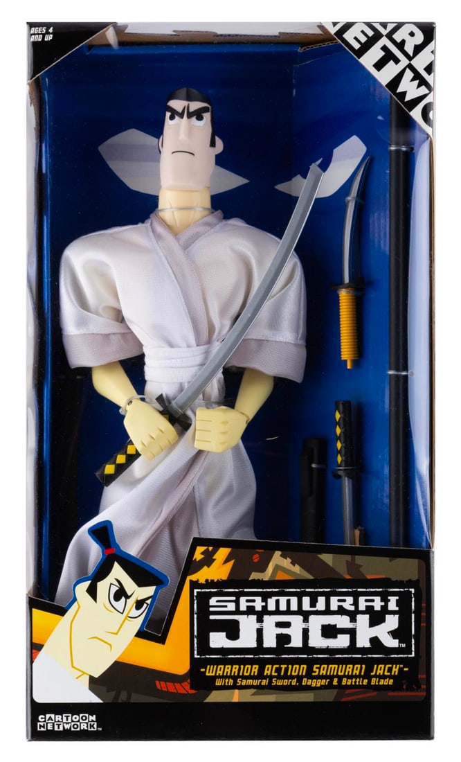 A Warrior Action "Samurai Jack" Figure.: (Cartoon Network, 2001) A Warrior Action "Samurai Jack" figure with weapons. Measuring 12" tall the figure is in fine condition, sealed in the very good condition box.