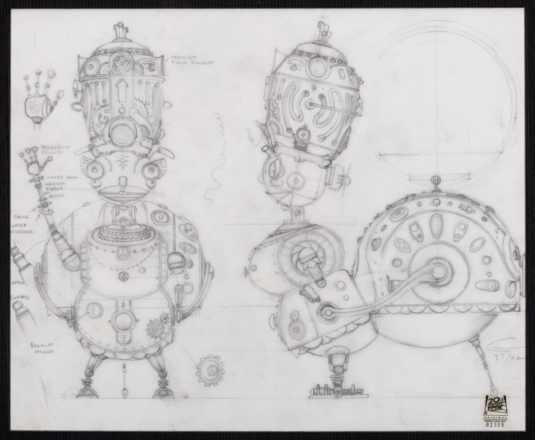 A "Robots" 2005 Aunt Fanny Model Drawing.: (20th Century-Fox, 2005) A framed original production model drawing of Aunt Fanny from "Robots." Fanny was voiced by actress Jennifer Coolidge. The drawing is signed by the film's lead character