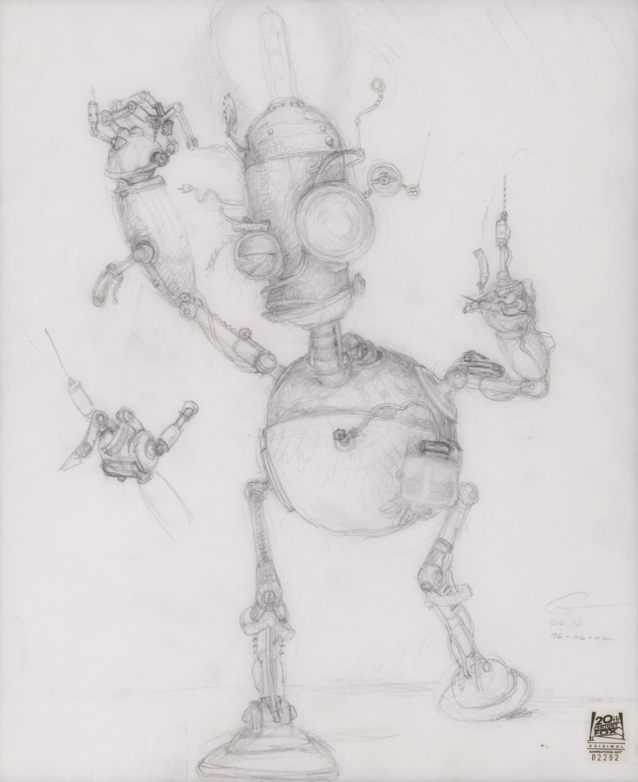 A "Robots" Dr. V. Needle Concept Drawing.: (20th Century-Fox, 2005) A framed original drawing of Dr. V. Needle, an unused character from the animated feature "Robots." The character was intended to perform a lobotomy on Mel Brooks' Bigweld,