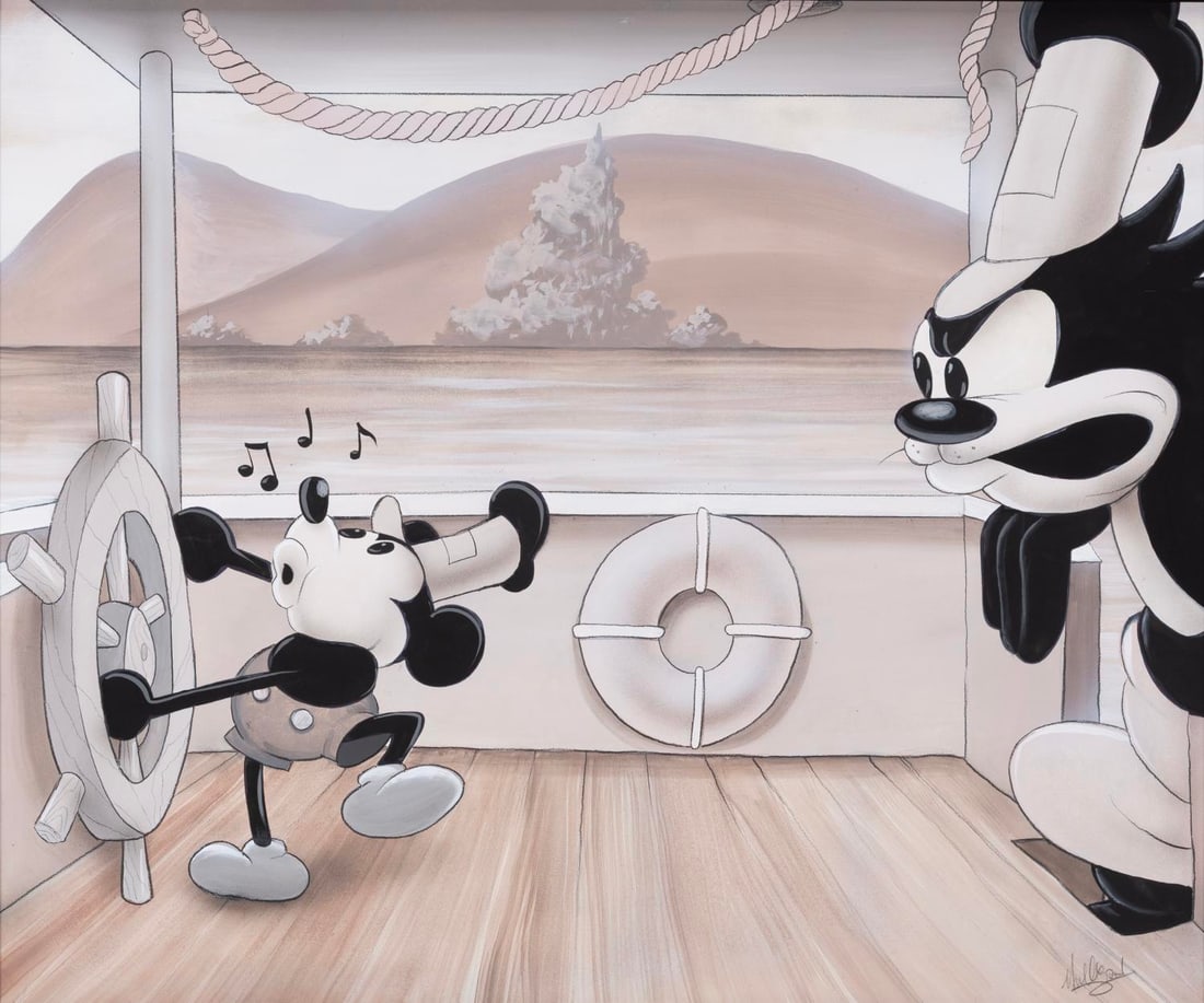 A "Steamboat Willie" Painting by James C Mulligan.: (Disney, 2000s) A framed original painting of Mickey Mouse and Pete in "Steamboat Willie," by Disney artist James C. Mulligan. With a visible image size of 19.25" x 23.25" in a 24.75" x 28.75" frame,