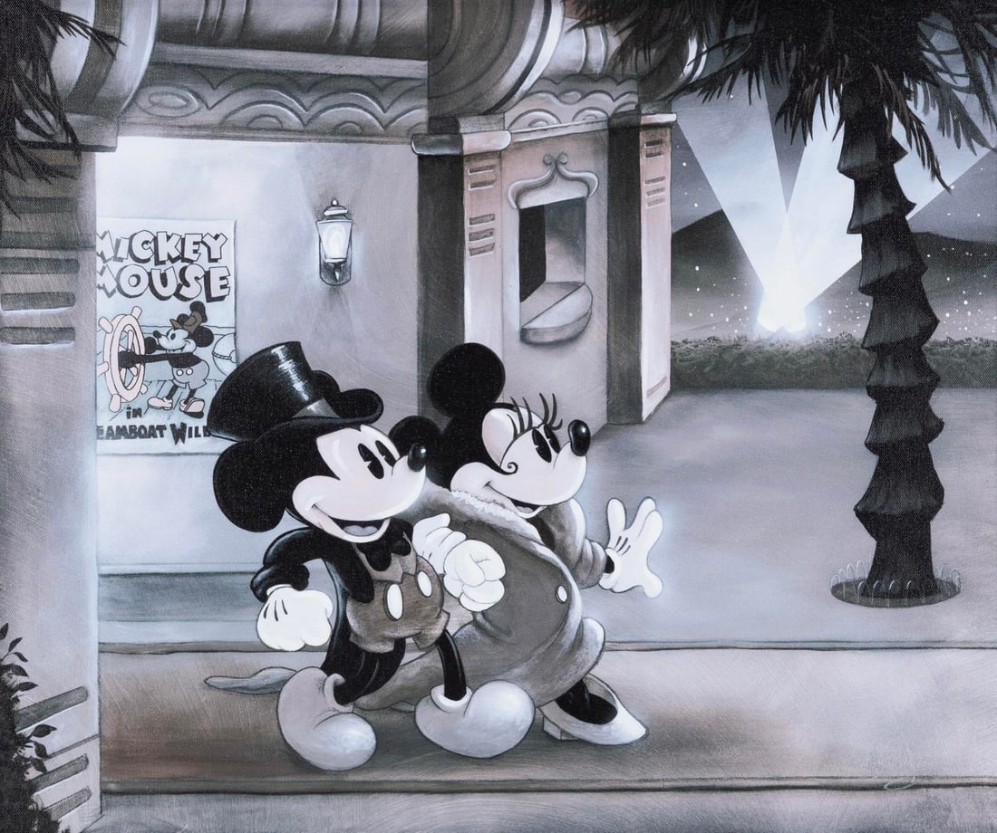 A Mickey and Minnie Canvas Print by James C Mulligan.: (Disney, 2000s) A rare framed canvas print by artist James C Mulligan of Mickey and Minnie Mouse leaving a "Steamboat Willie" screening, featuring hand-painted white embellishments. With an image size