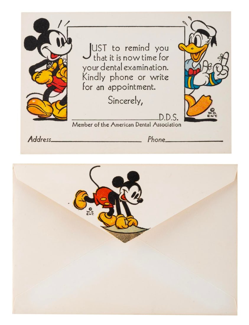 A Mickey and Donald Dental Reminder Card and Envelope.: (Disney, 1930s) A very rare unused dental reminder card featuring Mickey Mouse and Donald Duck. The card comes complete with its matching Mickey Mouse envelope. Measuring 3" x 4.5", the card and