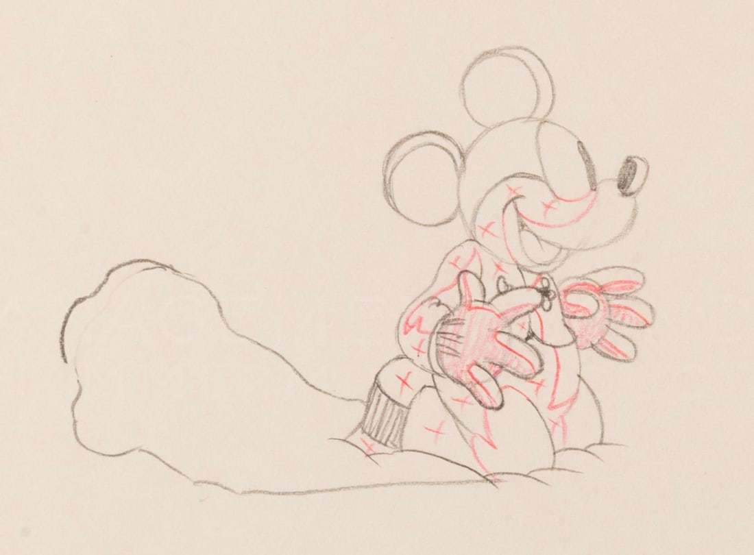 An Original Production Drawing from "Mickey's Nightmare.": (Disney, 1932) An original production drawing of Mickey Mouse from the 1932 short, "Mickey's Nightmare." The image of Mickey measures 3" x 2.5" on untrimmed 12" x 9.5" animation paper. The drawing is 