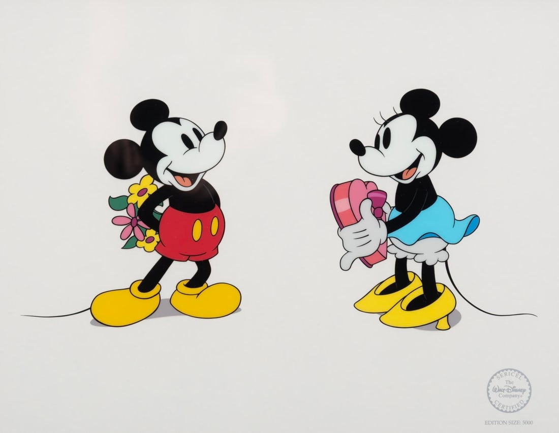 A Limited Edition Mickey & Minnie "Sweethearts" Sericel.: (Disney, 1990s) A limited edition sericel titled "Sweethearts," featuring Mickey and Minnie Mouse from a scene in Disney's 1933 short, "Puppy Love." The sericel was released in an edition of 5000 piec