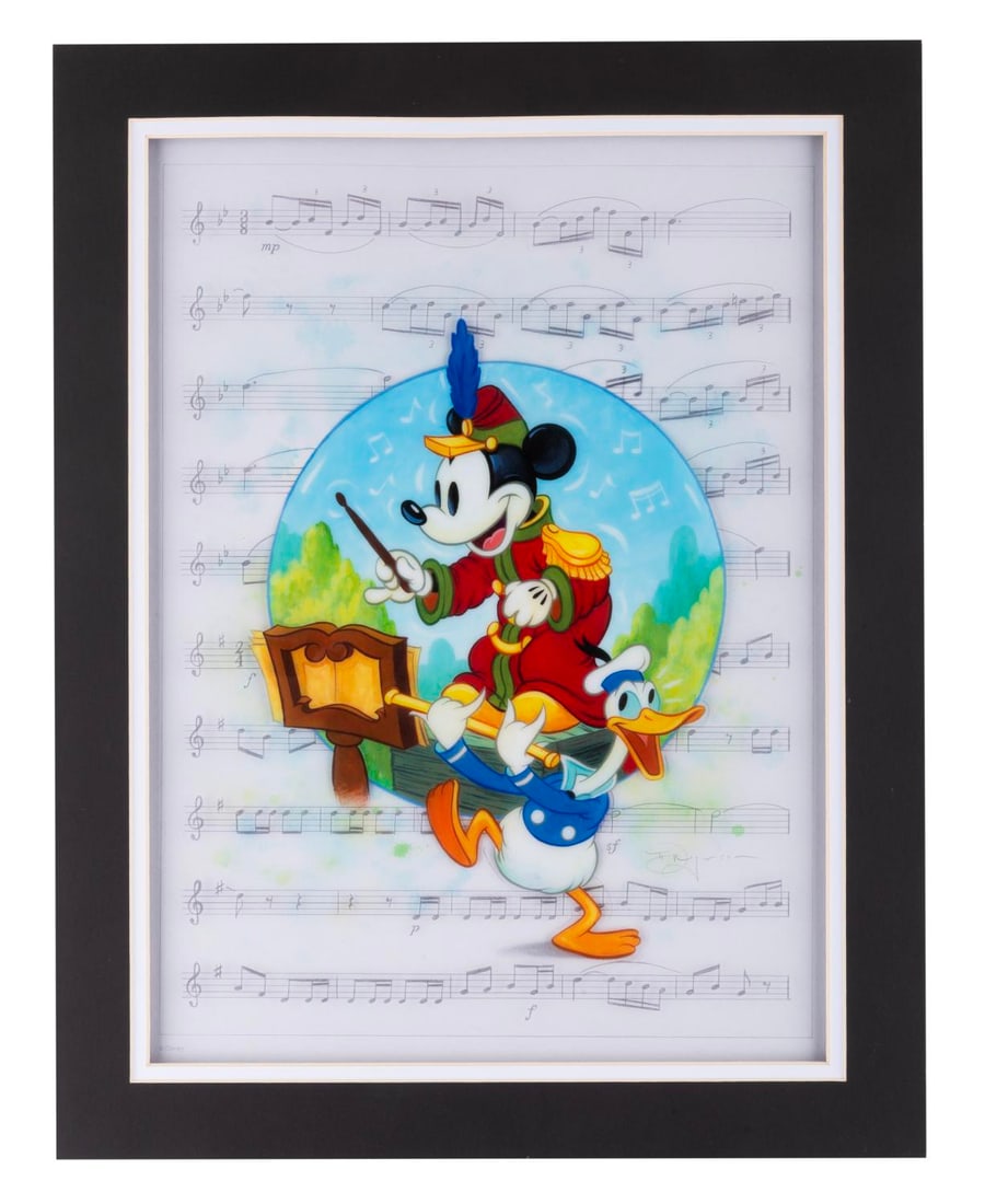 A "The Band Concert Music Sheet" Lithograph on Cel.: (Disney, 2000s) A Gold Member Exclusive lithograph on cel of Mickey Mouse and Donald Duck titled "The Band Concert Music Sheet," designed by artist Tim Rogerson and released at D23. With a visible ima