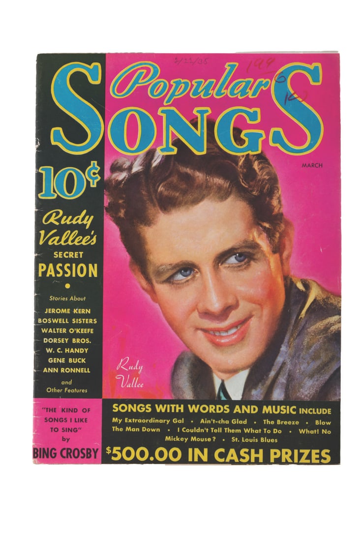 A 1935 Popular Songs Magazine With "What, No Mickey Mouse?": (Dell, 1935) A March 1935 issue of Popular Songs magazine featuring the song "What! No Mickey Mouse?" Measuring 8.5" x 11.5", the magazine is in good condition with grease pencil and pencil notations 