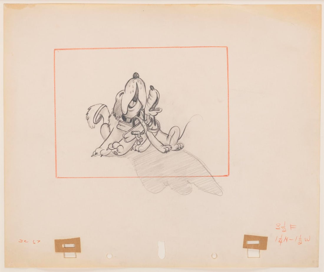 An "Alpine Climbers" Production Layout Drawing.: (Disney, 1936) An original layout drawing of Pluto and Bolivar from the 1936 Disney Short, "Alpine Climbers." The image size of the drawing is 6.5" x 5" on untrimmed 12" x 10" untrimed animation paper