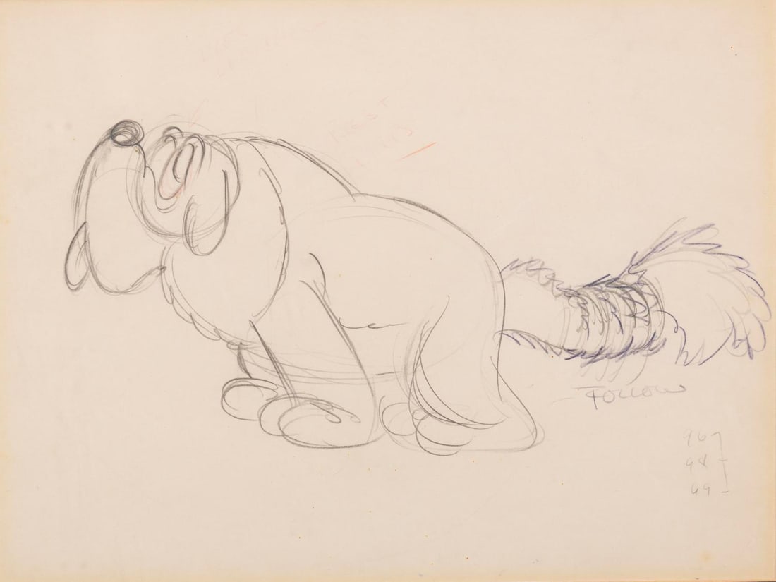 An Original Production Drawing from "More Kittens.": (Disney, 1936) An original rough production drawing of Toliver the St. Bernard from Disney's 1936 short "More Kittens." The image of Toliver measures 10" x 5" on untrimmed 12" x 9.5" animation paper. 