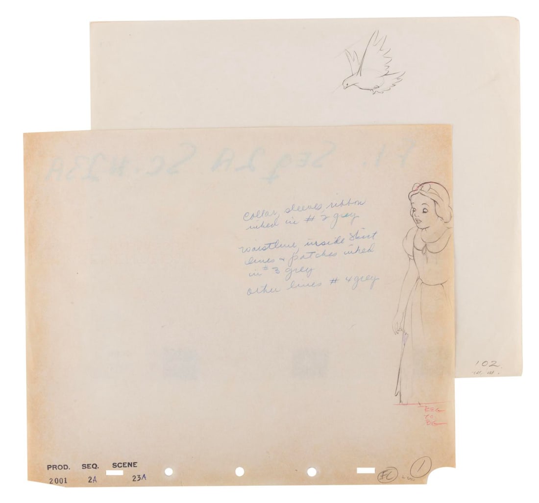 A Pair of Original Production Drawings from "Snow White and the Seven Dwarfs.": (Disney, 1937) A pair of original production drawings from "Snow White and the Seven Dwarfs." The drawing of Snow White is numbered "1" and was the first drawing in the scene, featuring inker's notes 
