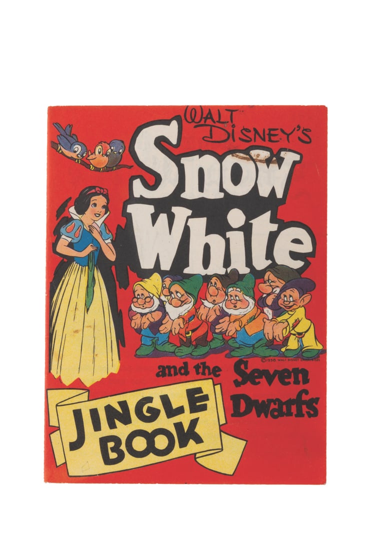 A 1938 "Snow White and the Seven Dwarfs" Jingle Book.: (Sten's Bakery, 1938) A "Snow White and the Seven Dwarfs" Jingle book, offered as a promotion by local bakeries. Measuring 4" x 5.5", the 20-page booklet is in very good condition with light handling 
