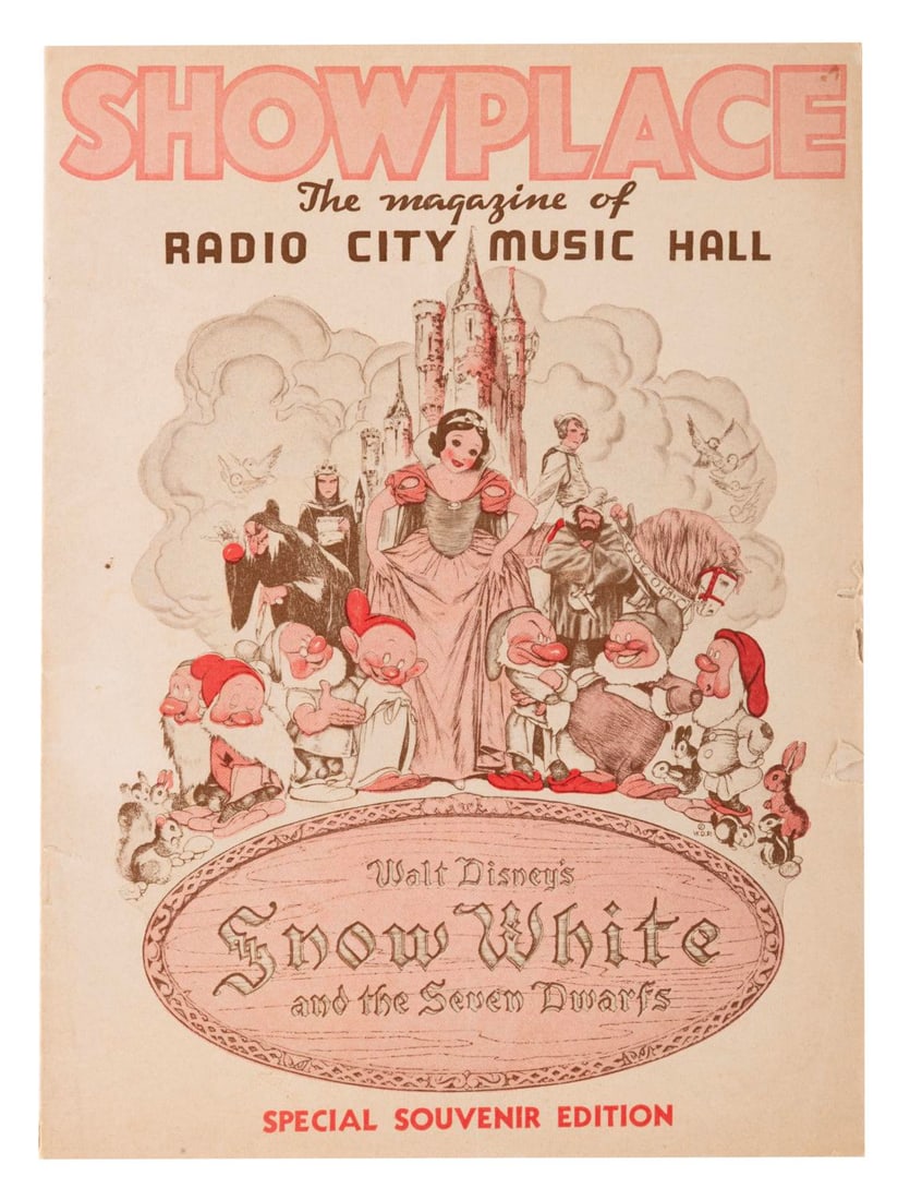 A 1938 Snow White Radio City Music Hall Souvenir Program.: (Radio City, 1938) A souvenir Showplace magazine and program from the original release of "Snow White and the Seven Dwarfs" at Radio City Music Hall in New York City, dated January 13, 1938. The magaz