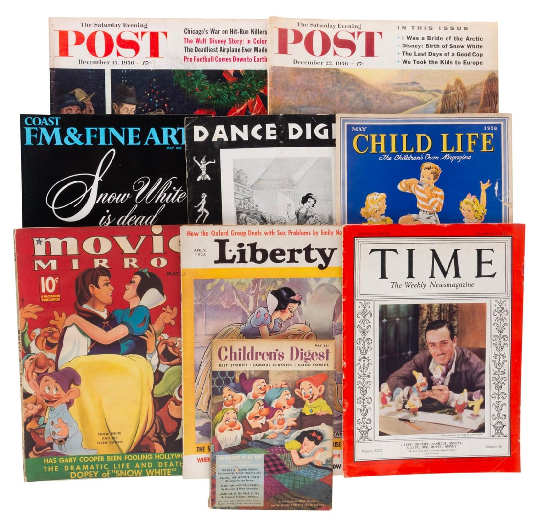 A Collection of Rare "Snow White" Periodicals.: (Various, 1938-69) A collection of nine periodicals from 1938 thru 1969 with stories on "Snow White and the Seven Dwarfs." Included is the December 27, 1937 TIME magazine featuring Walt and the Seiber