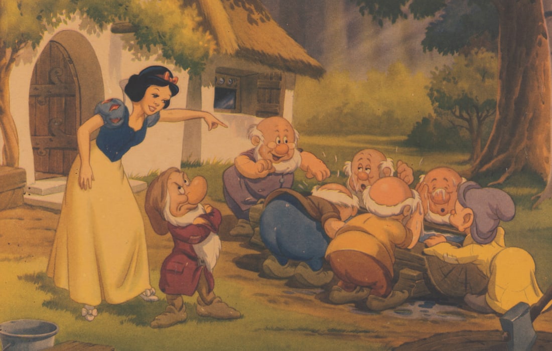 An Early "Snow White and the Seven Dwarfs" Lithograph.: (New York Graphics Society, 1947) A rare early "Snow White and the Seven Dwarfs" lithograph. Titled "Snow White's Last Call for Dinner," The piece measures 13" x 11" and is in fair condition with typi