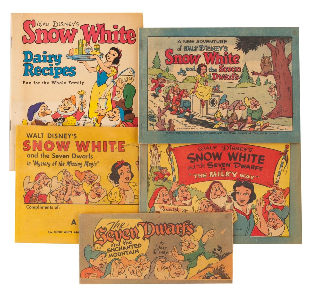A Set of "Snow White and the Seven Dwarfs" Promotional Booklets.: (Disney, 1947-58) A collection of "Snow White and the Seven Dwarfs" promotional publications. Included are a 1947 Cheerios comic, 1952 Bendix washer comic, 1955 Dairy comic and recipe book, and a 1958