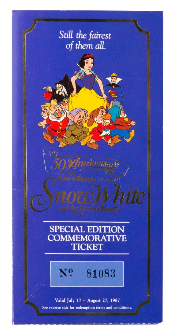 A "Snow White and the Seven Dwarfs" 50th Anniversary Ticket and Coin.: (Disney, 1987) A "Snow White and the Seven Dwarfs" ticket and medallion commemorating the 50th anniversary in 1987. The ticket allowed admission to any U.S. theater showing the film. The 1.5" medallio