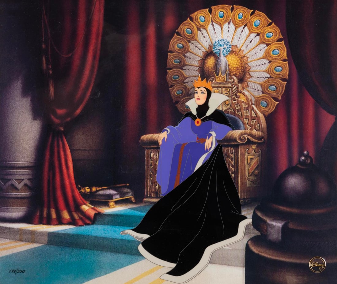 A "Snow White" Evil Queen Limited Edition Cel.: (Disney, 1996) A framed limited edition "Snow White and the Seven Dwarfs" hand-painted character cel titled "The Wicked Queen," with a lithographic reproduction background. The Evil Queen has an image