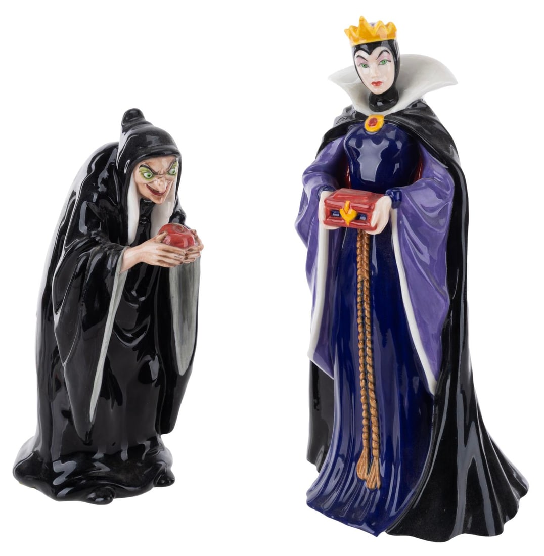 A Pair of Royal Doulton "Snow White" Evil Queen Figurines.: (Royal Doulton, 1998-99) A pair of bone china figurines of the Evil Queen and her Old Hag disguise from "Snow White and the Seven Dwarfs," each released in a limited edition of 2000 as part of Royal D