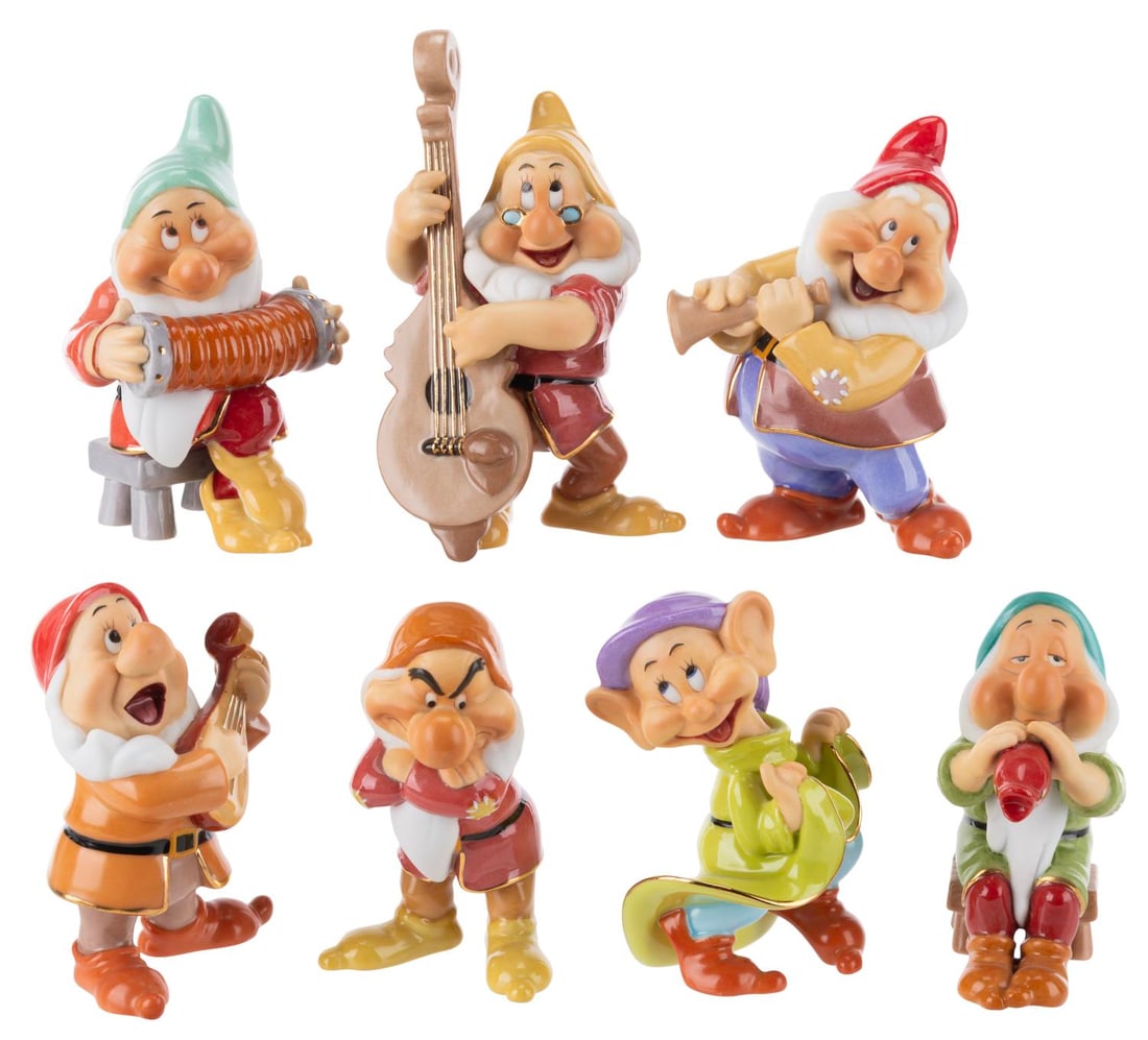 A Bradford Editions "Snow White" Dwarfs Set.: (Bradford, 2008) A set of figurines of each Dwarf from "Snow White and the Seven Dwarfs." Ranging in size from 3.75" to 4.75", the figurines are in very good to fine condition with minor wear.
