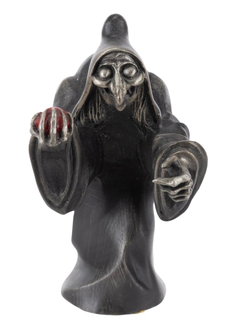 A "Snow White" Old Hag Pewter Sculpture.: (Hudson, 1980s-90s) A pewter sculpture of the Evil Queen as the Old Hag in "Snow White and the Seven Dwarfs," manufactured by Hudson. Measuring 3" tall, the pewter sculpture is in very good condition 